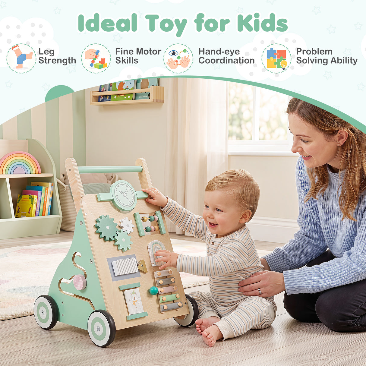 Montessori Walker w/ Mirror & Clock, Shape Sorter, Tracking Game, Xylophone with Mallet for 1+ Years Old Boys & Girls