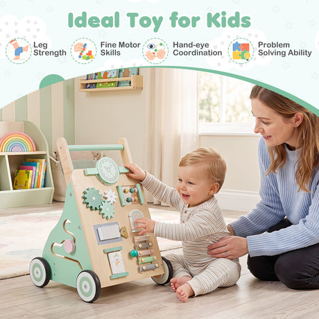 Montessori Walker w/ Mirror & Clock, Shape Sorter, Tracking Game, Xylophone with Mallet for 1+ Years Old Boys & Girls