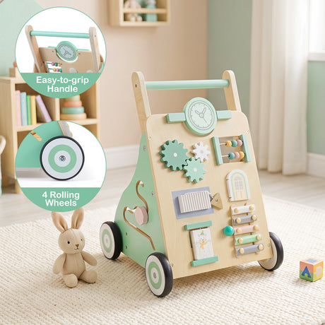 Montessori Walker w/ Mirror & Clock, Shape Sorter, Tracking Game, Xylophone with Mallet for 1+ Years Old Boys & Girls