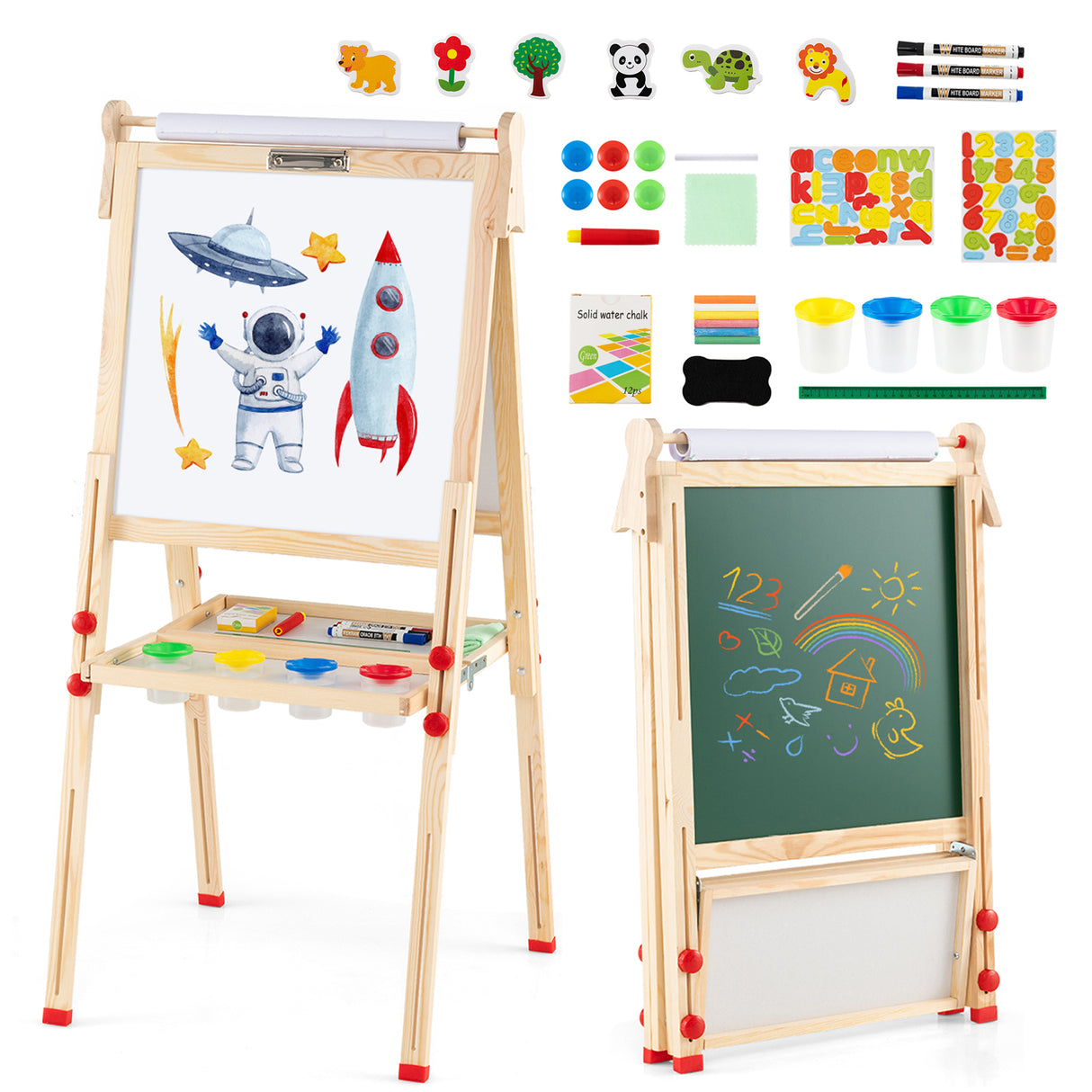 BABY JOY Kids Art Easel, Wooden Foldable Double-Sided Chalkboard Whiteboard w/Board Eraser