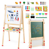 BABY JOY Kids Art Easel, Wooden Foldable Double-Sided Chalkboard Whiteboard w/Board Eraser