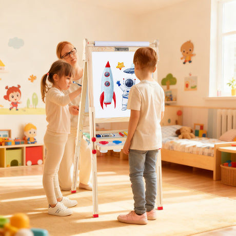 BABY JOY Kids Art Easel, Wooden Foldable Double-Sided Chalkboard Whiteboard w/Board Eraser