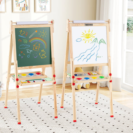 BABY JOY Kids Art Easel, Wooden Foldable Double-Sided Chalkboard Whiteboard w/Board Eraser