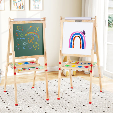 BABY JOY Kids Art Easel, Wooden Foldable Double-Sided Chalkboard Whiteboard w/Board Eraser
