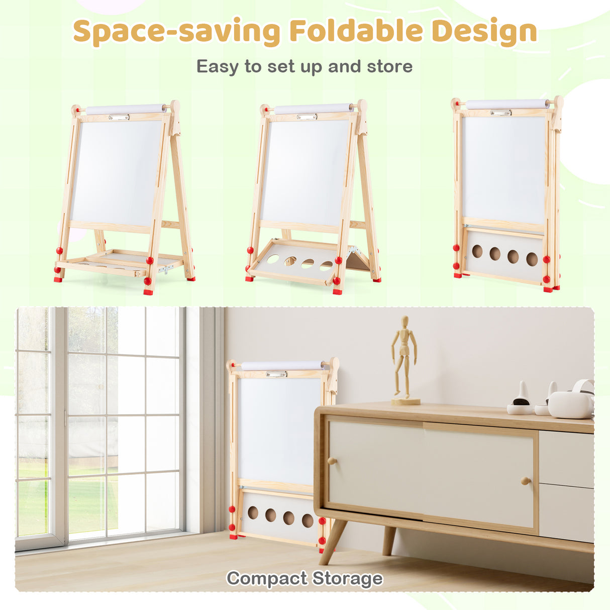 BABY JOY Kids Art Easel, Wooden Foldable Double-Sided Chalkboard Whiteboard w/Board Eraser