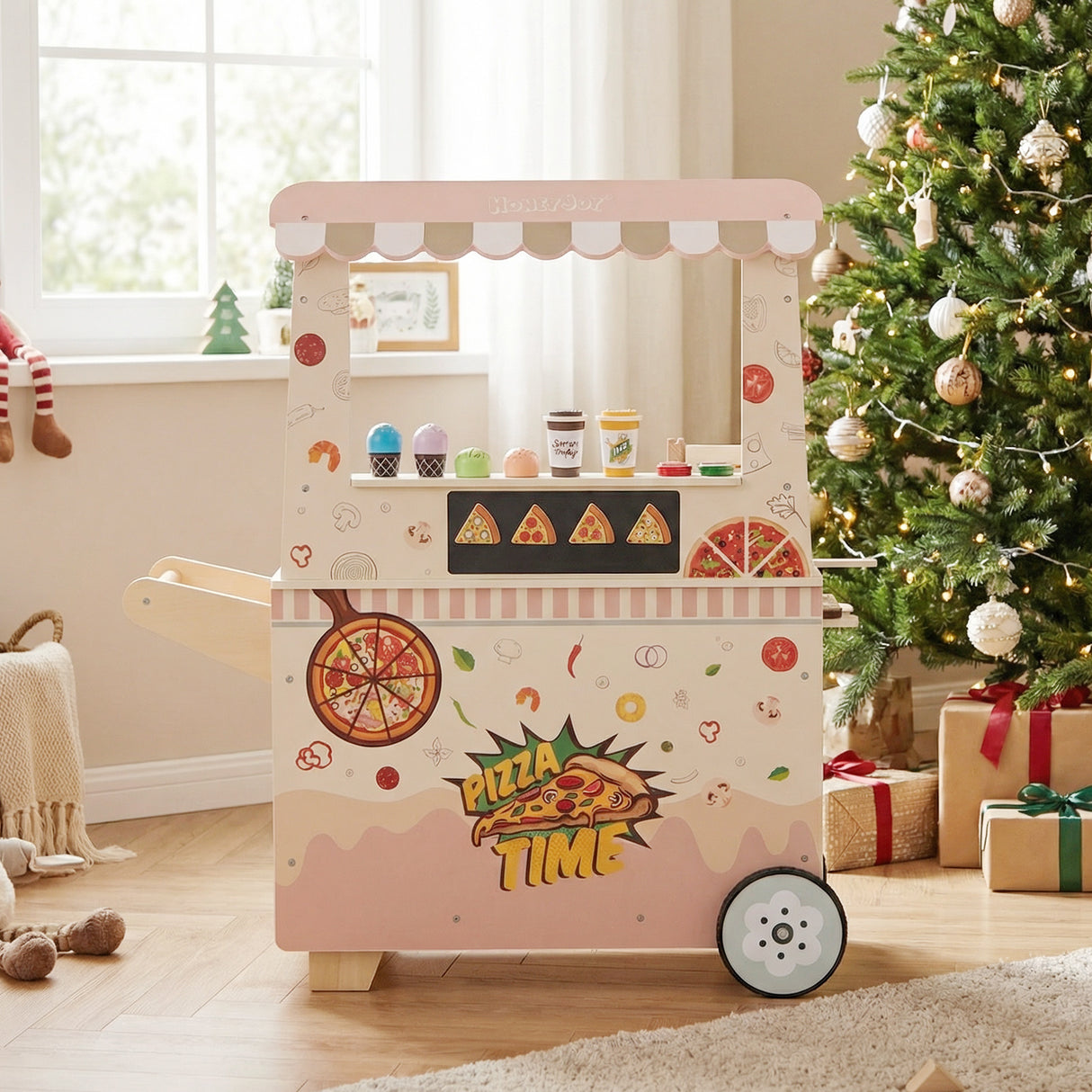 Wooden Pretend Play Snack Cart with Oven and Magnetic Blackboard