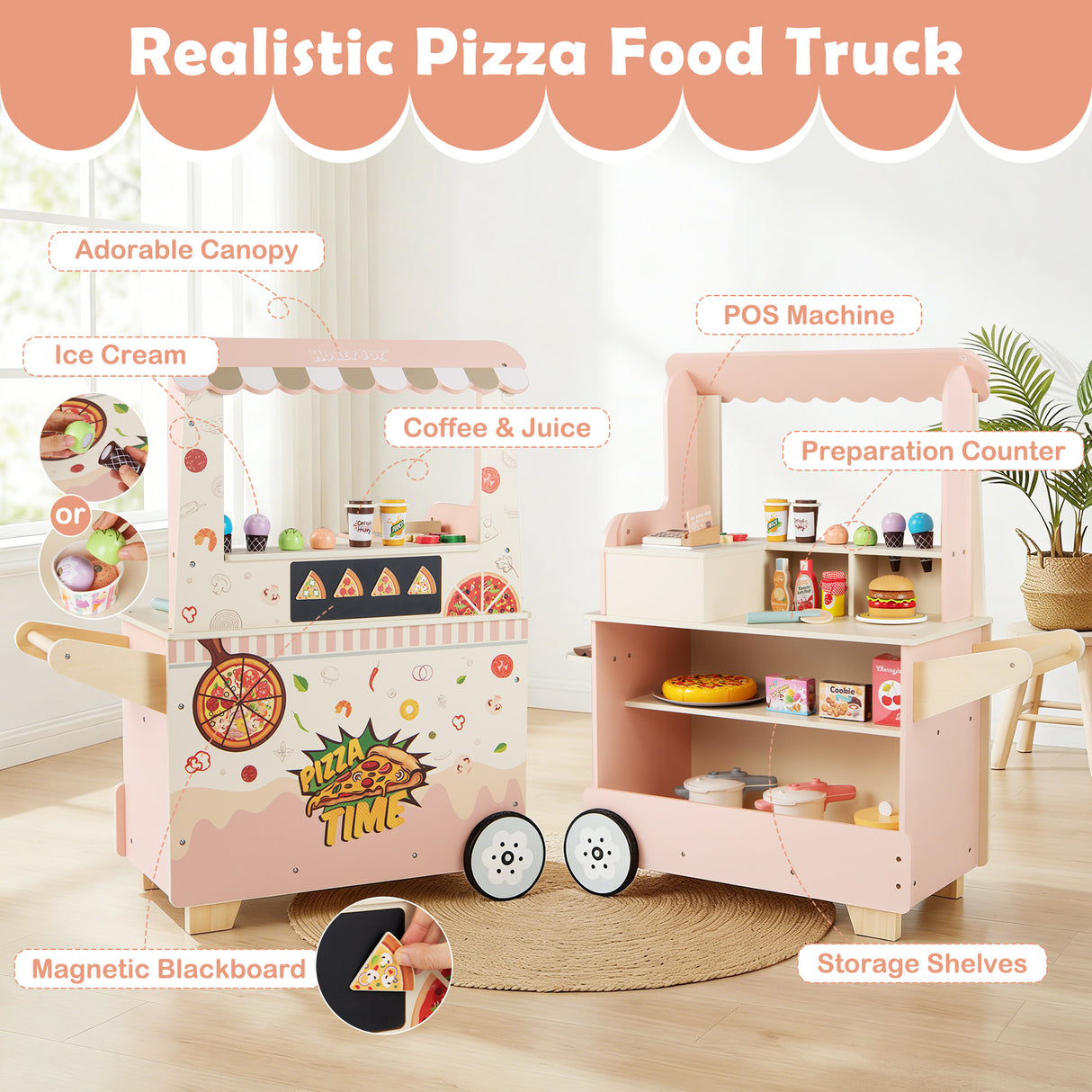 Wooden Pretend Play Snack Cart with Oven and Magnetic Blackboard