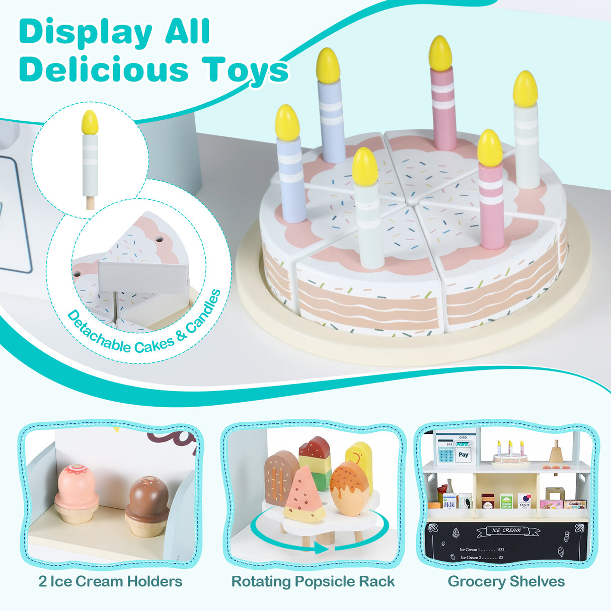 Kids Ice Cream Shop Wooden Grocery Store with 27 Accessories Gift for Boys and Girls Aged 3+