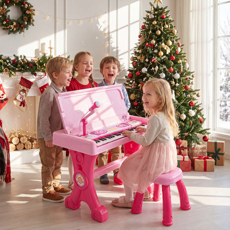 49 Keys Kids Electric Piano Keyboard Toy w/ Stool & Microphone, Educational Toddler Keyboard Set