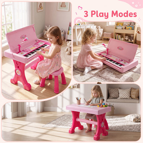 49 Keys Kids Electric Piano Keyboard Toy w/ Stool & Microphone, Educational Toddler Keyboard Set