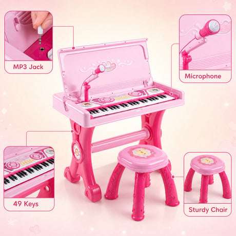 49 Keys Kids Electric Piano Keyboard Toy w/ Stool & Microphone, Educational Toddler Keyboard Set