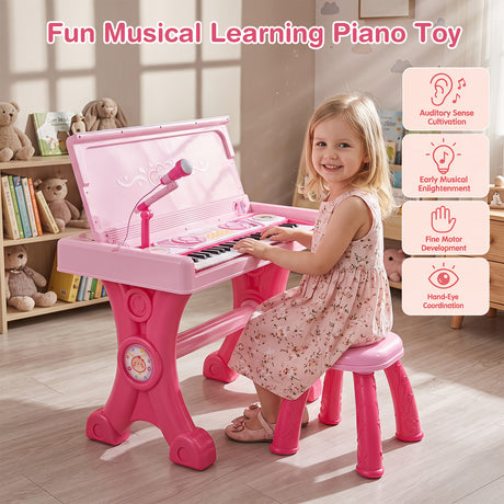49 Keys Kids Electric Piano Keyboard Toy w/ Stool & Microphone, Educational Toddler Keyboard Set