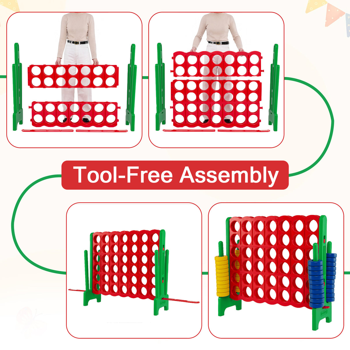 Giant 4-in-a-Row Game Set, Jumbo 4-to-Score Game with 42 Rings and Quick-Release Slider for Kids and Adults