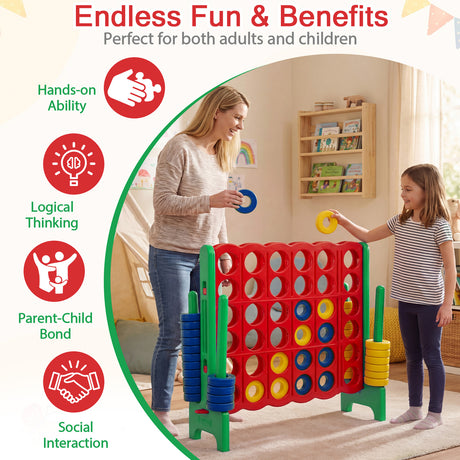 Giant 4-in-a-Row Game Set, Jumbo 4-to-Score Game with 42 Rings and Quick-Release Slider for Kids and Adults