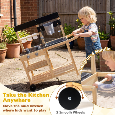 Mud Kitchen with Wheels, Outdoor Fir Wood Play Kitchen