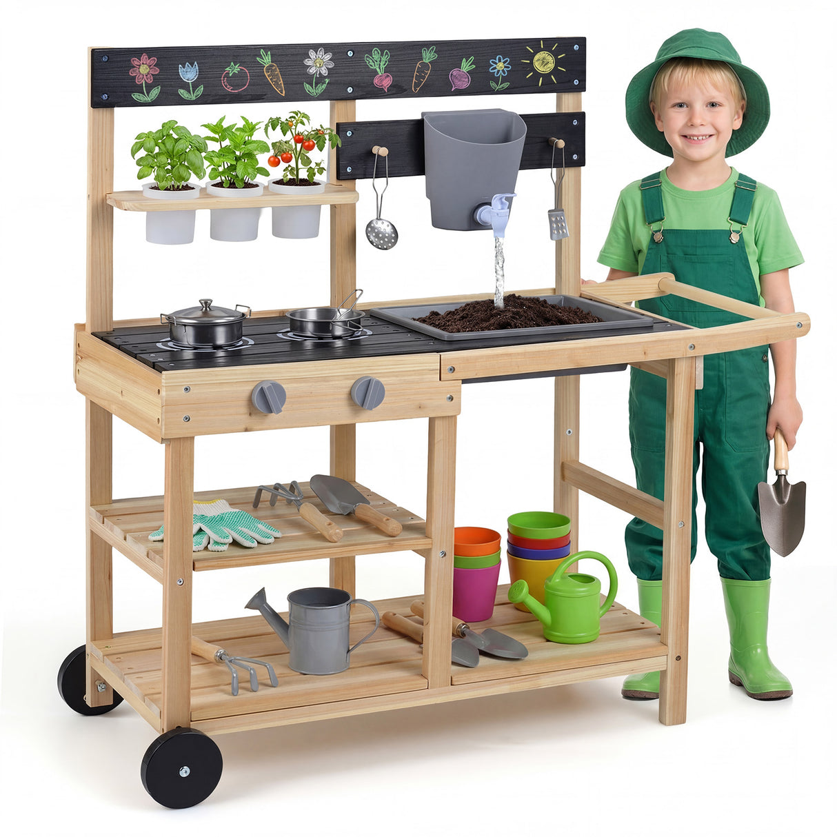 Mud Kitchen with Wheels, Outdoor Fir Wood Play Kitchen
