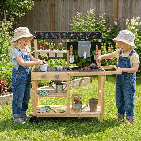 Mud Kitchen with Wheels, Outdoor Fir Wood Play Kitchen