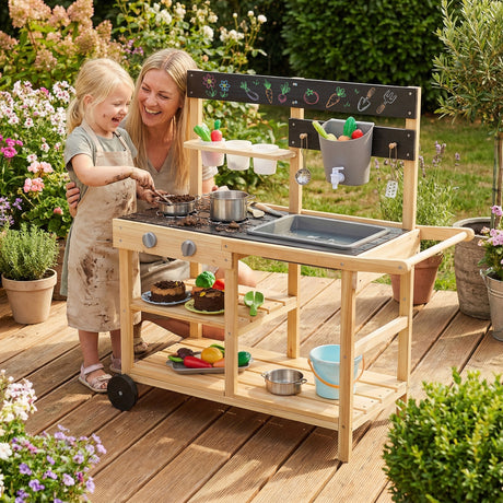 Mud Kitchen with Wheels, Outdoor Fir Wood Play Kitchen