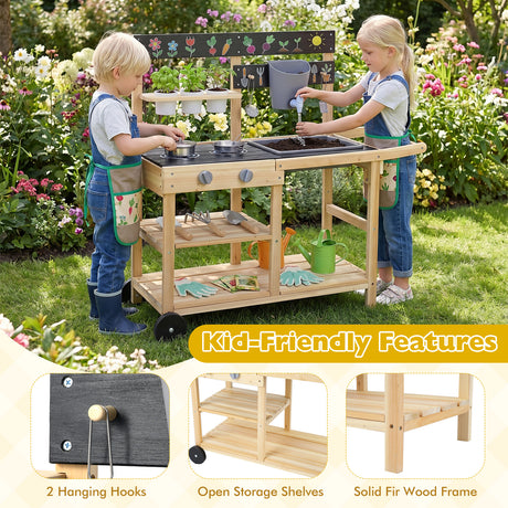 Mud Kitchen with Wheels, Outdoor Fir Wood Play Kitchen