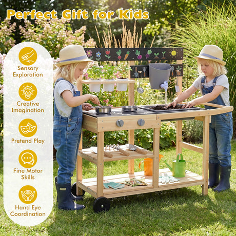 Mud Kitchen with Wheels, Outdoor Fir Wood Play Kitchen