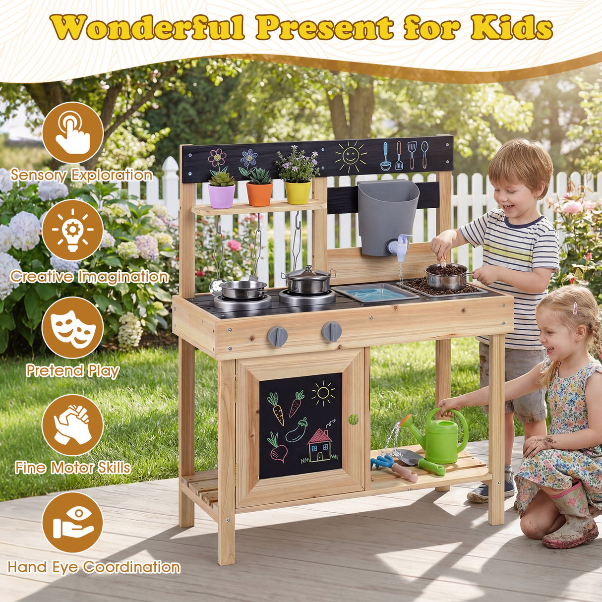 Mud Kitchen for Kids Outdoor with Stoves and Chalkboards for Children Ages 3+ Years