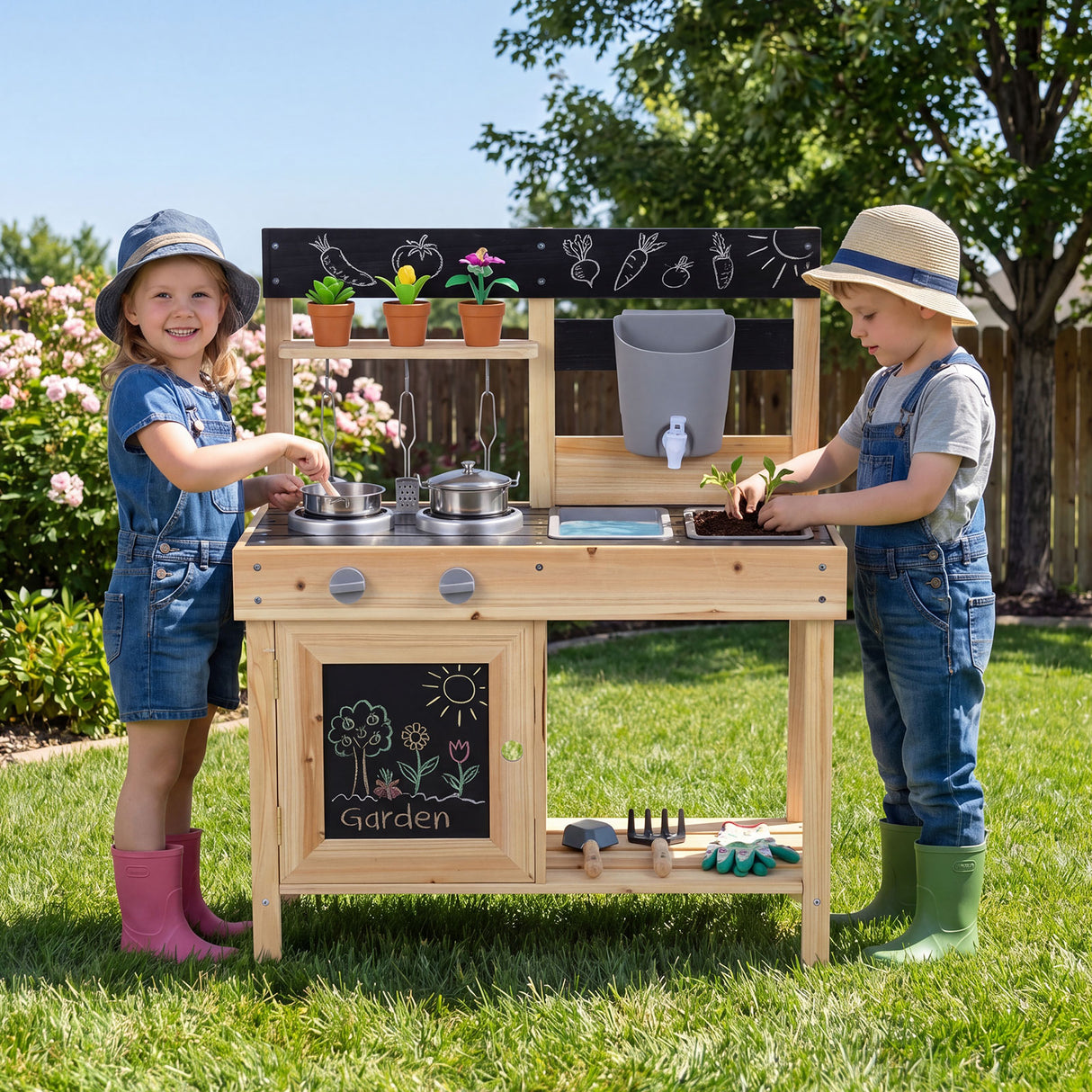 Mud Kitchen for Kids Outdoor with Stoves and Chalkboards for Children Ages 3+ Years