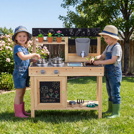 Mud Kitchen for Kids Outdoor with Stoves and Chalkboards for Children Ages 3+ Years
