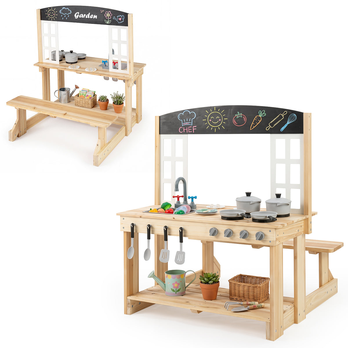 Outdoor Mud Kitchen with Stoves & Sink and Chalkboard for Kids