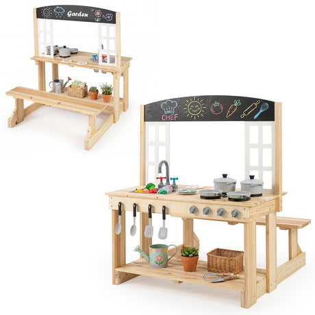 Outdoor Mud Kitchen with Stoves & Sink and Chalkboard for Kids