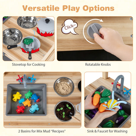 Outdoor Mud Kitchen for Kids Wooden Play Pretend Kitchen with Stoves