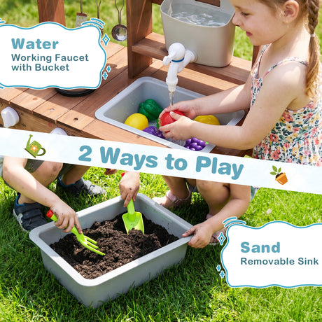 Outdoor Wooden Mud Kitchen Set Play Kitchen with Running Water Faucet Tank