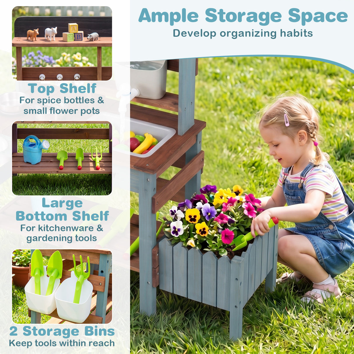Outdoor Wooden Mud Kitchen Set Play Kitchen with Running Water Faucet Tank
