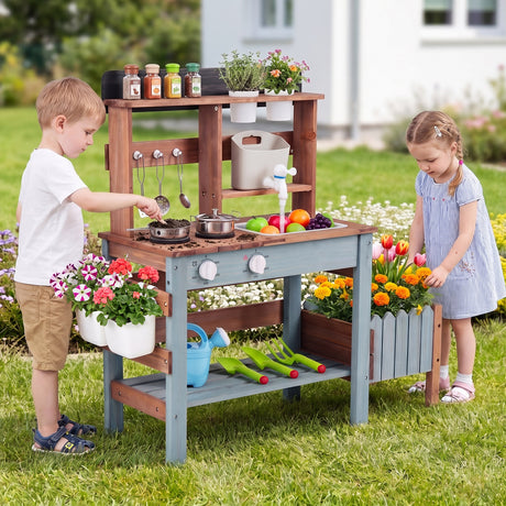 Outdoor Wooden Mud Kitchen Set Play Kitchen with Running Water Faucet Tank