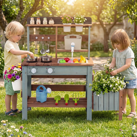 Outdoor Wooden Mud Kitchen Set Play Kitchen with Running Water Faucet Tank