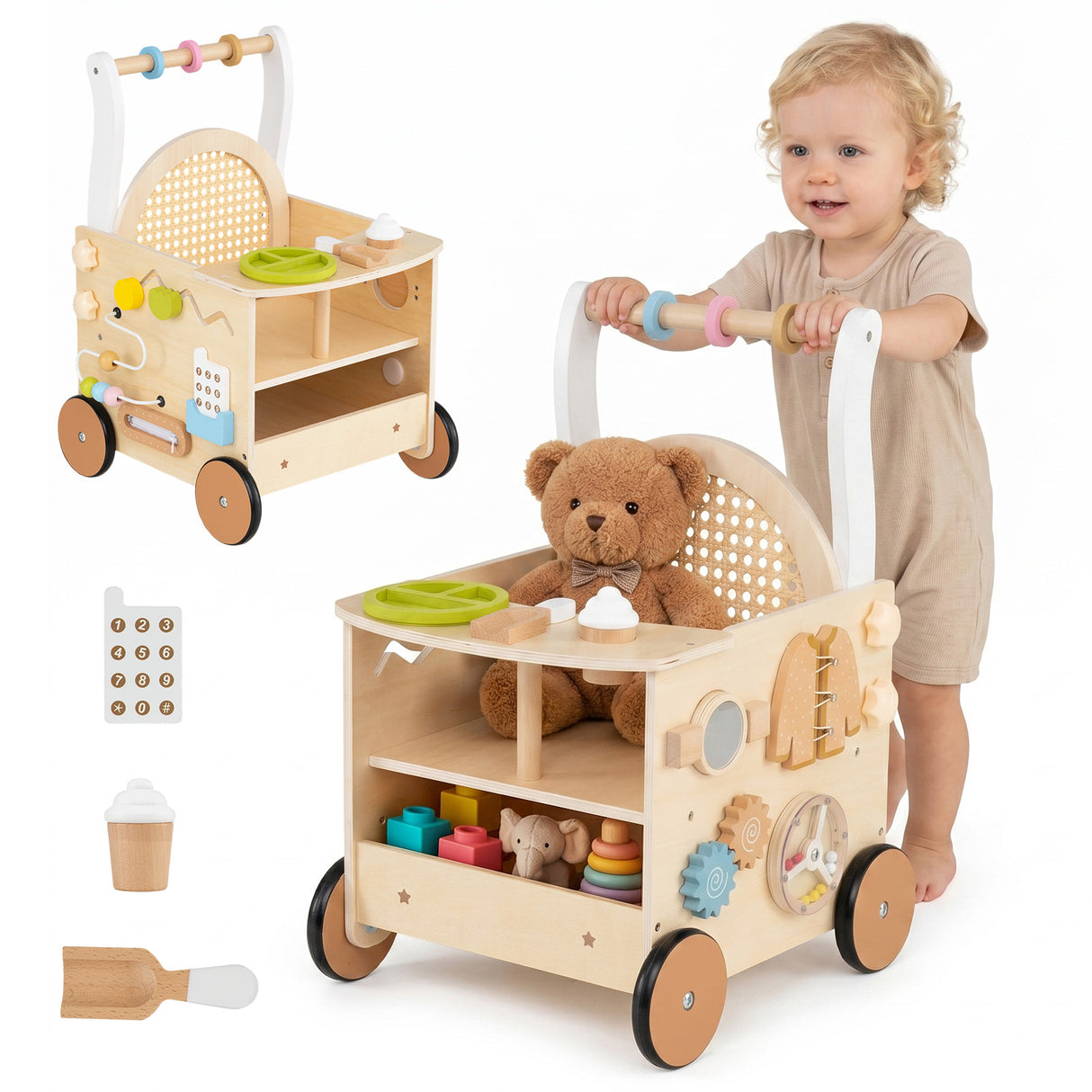 13-In-1 Toddler Push Walker with Wheels & Storage, Montessori Activity Center, Learning Activity Walker