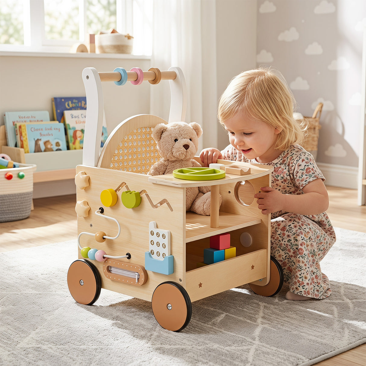 13-In-1 Toddler Push Walker with Wheels & Storage, Montessori Activity Center, Learning Activity Walker