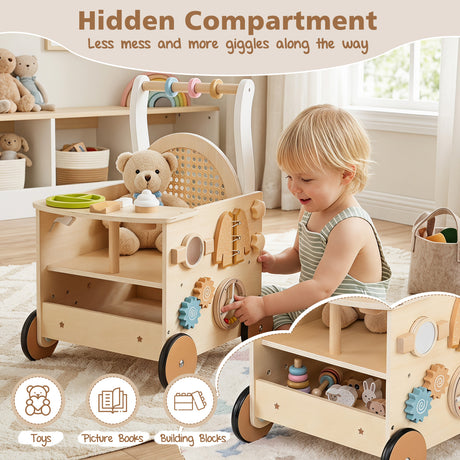 13-In-1 Toddler Push Walker with Wheels & Storage, Montessori Activity Center, Learning Activity Walker