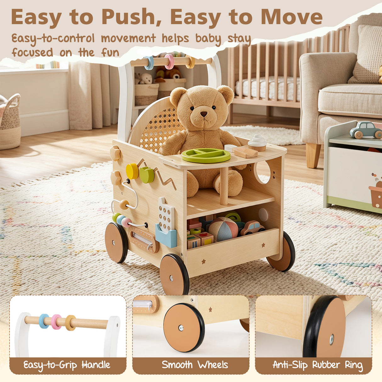 13-In-1 Toddler Push Walker with Wheels & Storage, Montessori Activity Center, Learning Activity Walker
