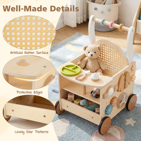 13-In-1 Toddler Push Walker with Wheels & Storage, Montessori Activity Center, Learning Activity Walker