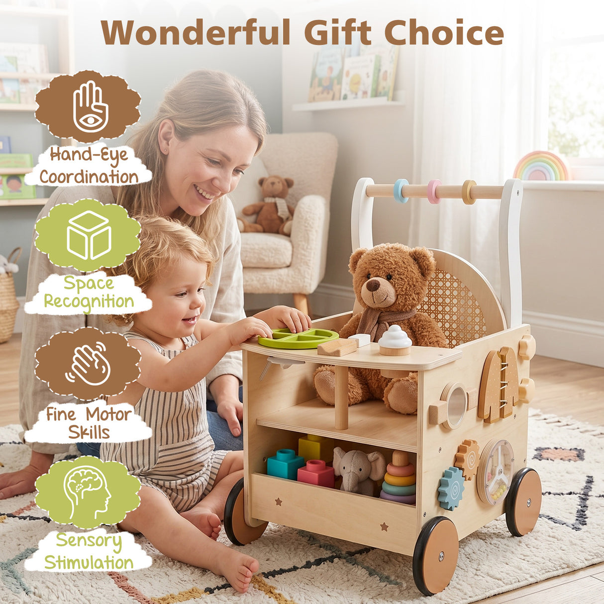 13-In-1 Toddler Push Walker with Wheels & Storage, Montessori Activity Center, Learning Activity Walker