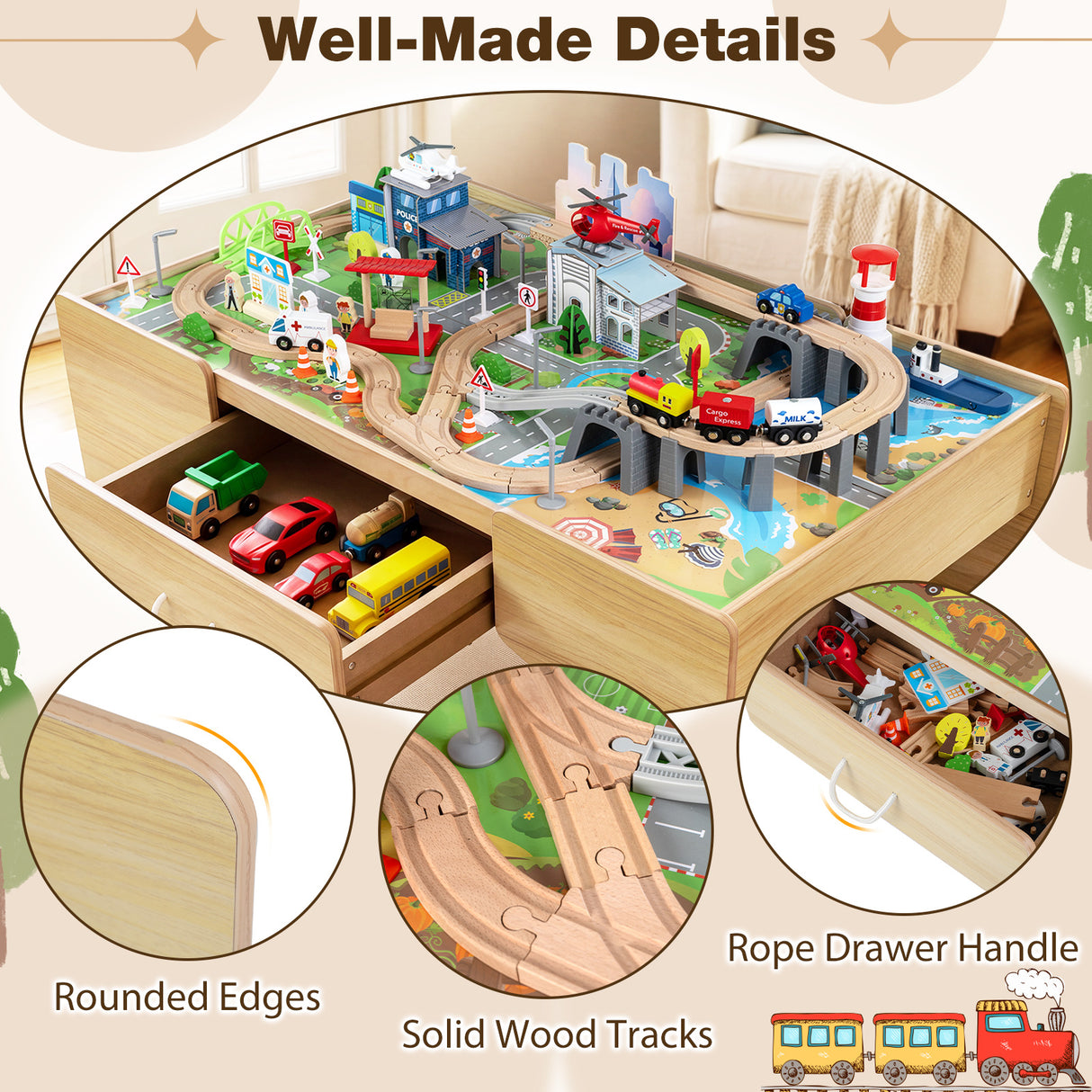 110-Piece Wooden Train Table for Toddlers 3+ Years Old