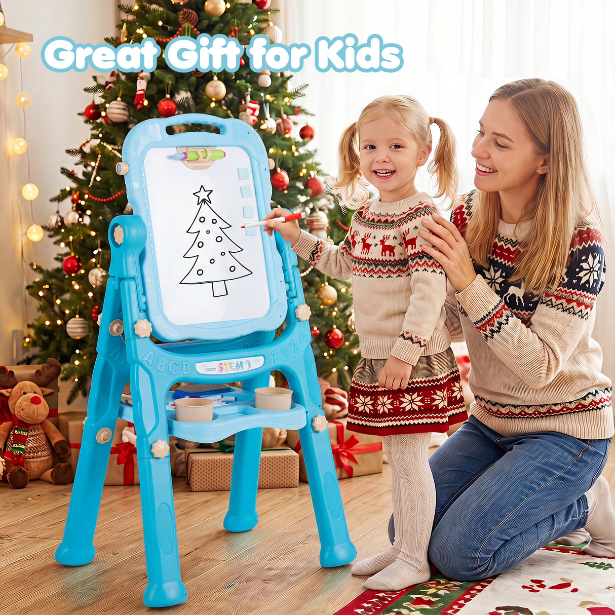 4-In-1 Double Side Easel for Toddler, Magnetic Chalkboard & White Drawing Board, Birthday Christmas Gift for 3+ Boys Girls