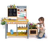 Mud Kitchen, Fir Wood Kids Play Kitchen Set with Water Flow Track, Faucet