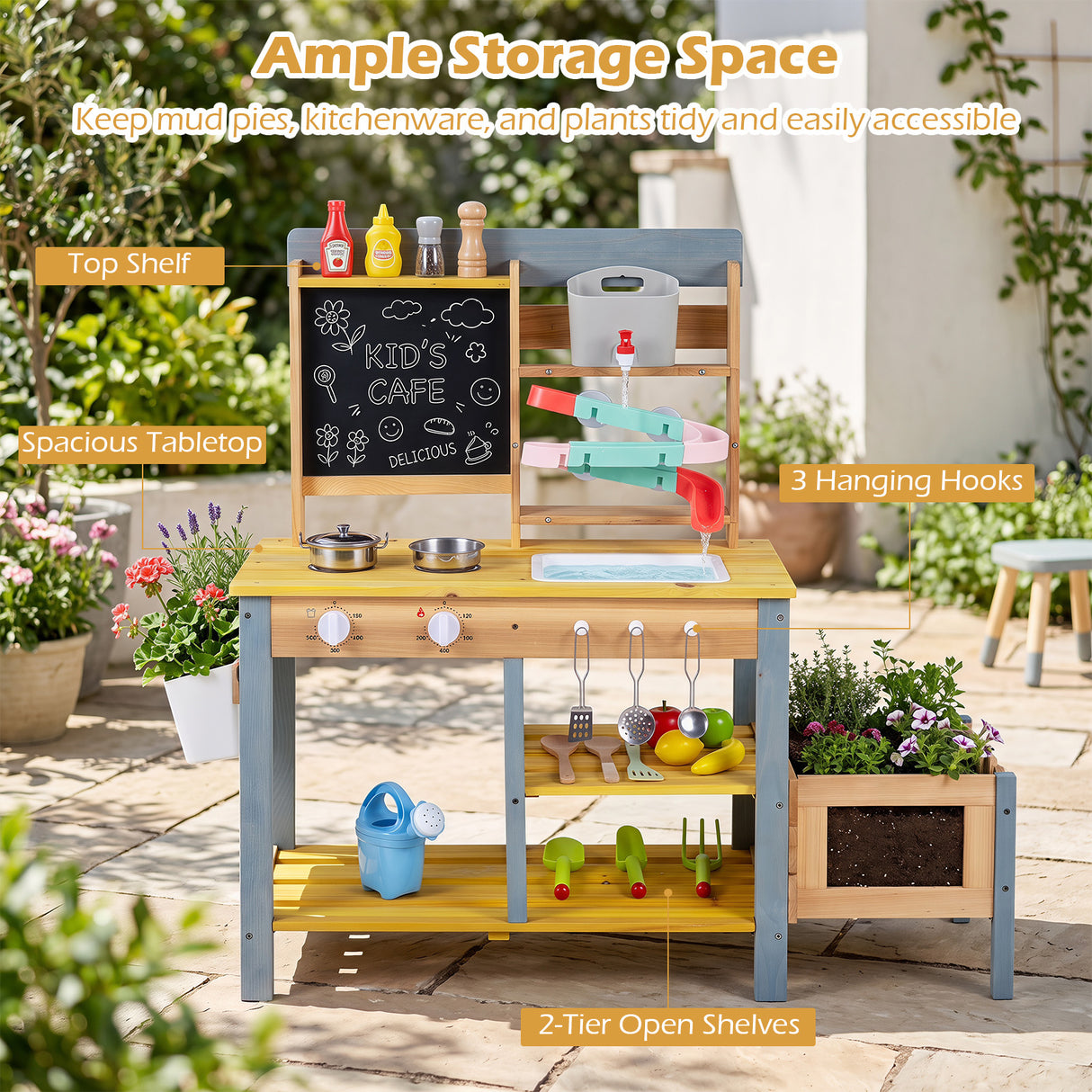 Mud Kitchen, Fir Wood Kids Play Kitchen Set with Water Flow Track, Faucet