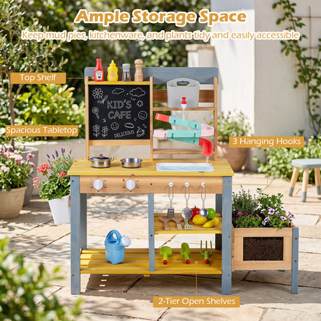 Mud Kitchen, Fir Wood Kids Play Kitchen Set with Water Flow Track, Faucet