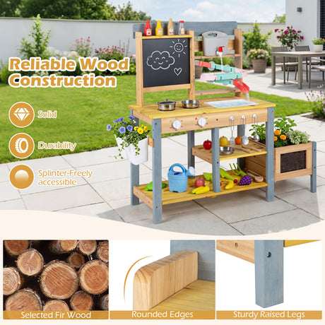 Mud Kitchen, Fir Wood Kids Play Kitchen Set with Water Flow Track, Faucet