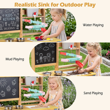 Mud Kitchen, Fir Wood Kids Play Kitchen Set with Water Flow Track, Faucet