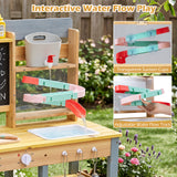 Mud Kitchen, Fir Wood Kids Play Kitchen Set with Water Flow Track, Faucet