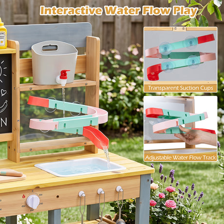 Mud Kitchen, Fir Wood Kids Play Kitchen Set with Water Flow Track, Faucet