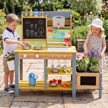 Mud Kitchen, Fir Wood Kids Play Kitchen Set with Water Flow Track, Faucet